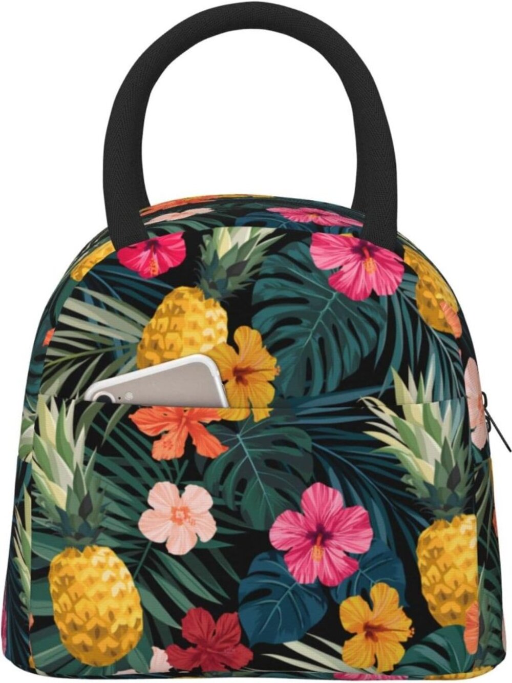 Tropical Insulated Lunch Bag - Palm Leaves & Hibiscus, Reusable Tote for School